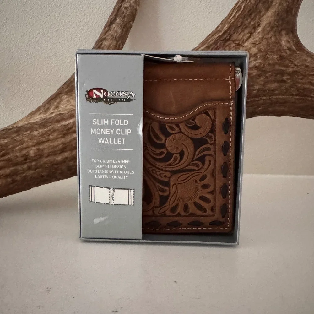 Nocona Mens Slim Fold Money Clip Wallet Brown Tooled Leather Western N5415602